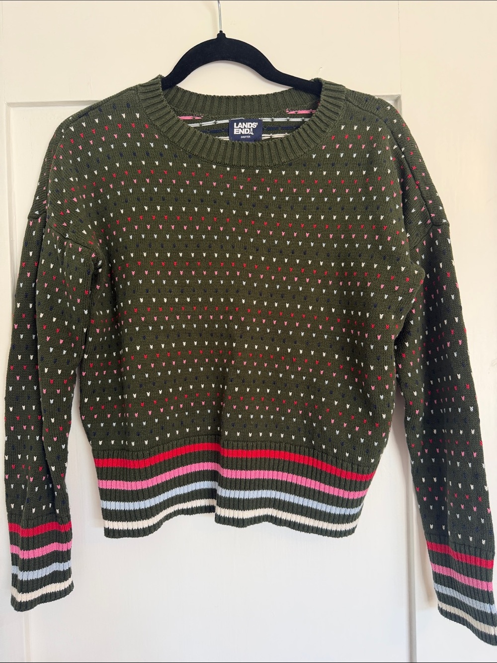 Lands' End Olive Green Crewneck Sweater with Pink & White Accent Stripes